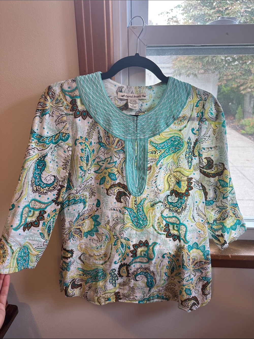 Vintage Paisley Cotton Top in Teal, Yellow & Brown with Embroidered Neckline
